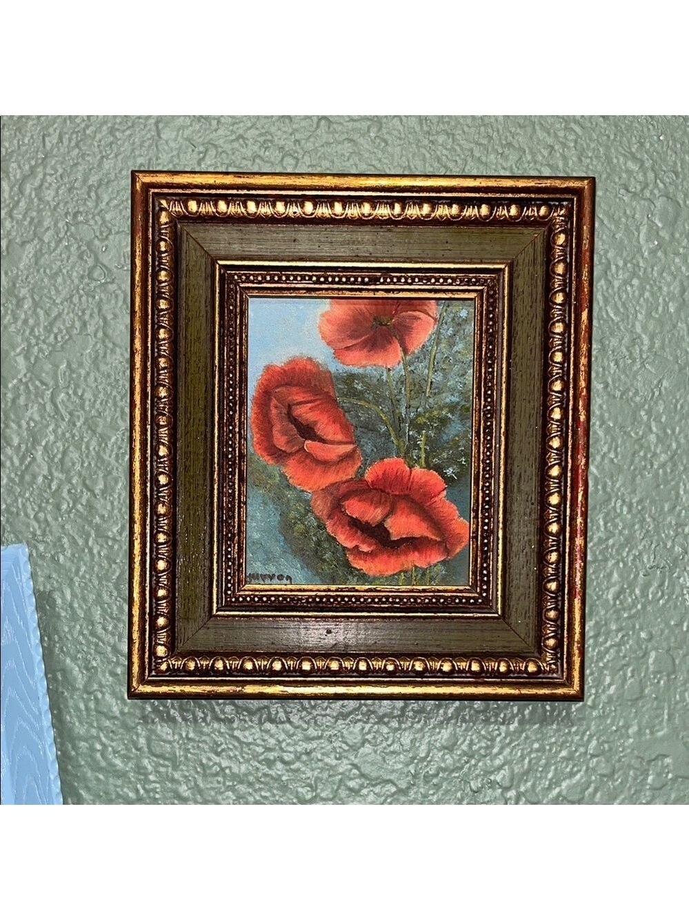 Vintage Red and Gold Floral Painting Signed Art cottagecore flowers
